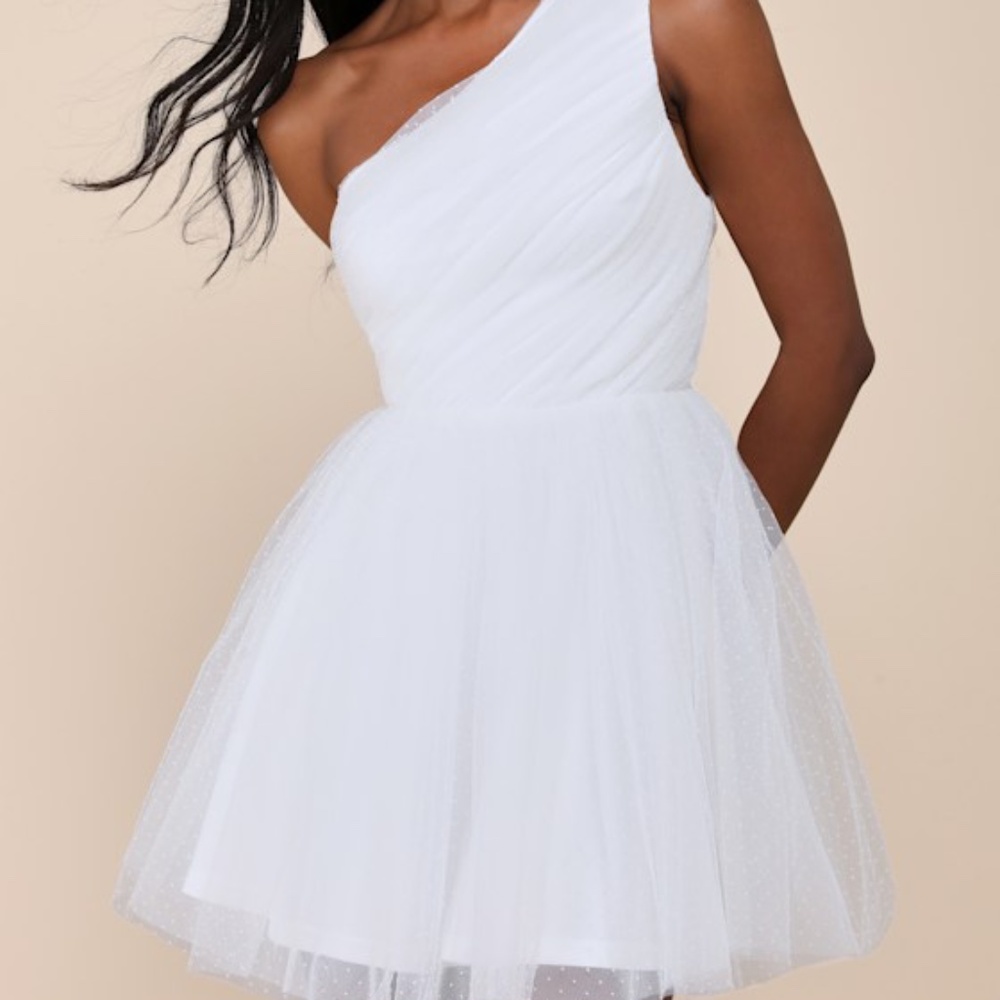 Exceptional Moments White Swiss Dot One-Shoulder Mini Dress